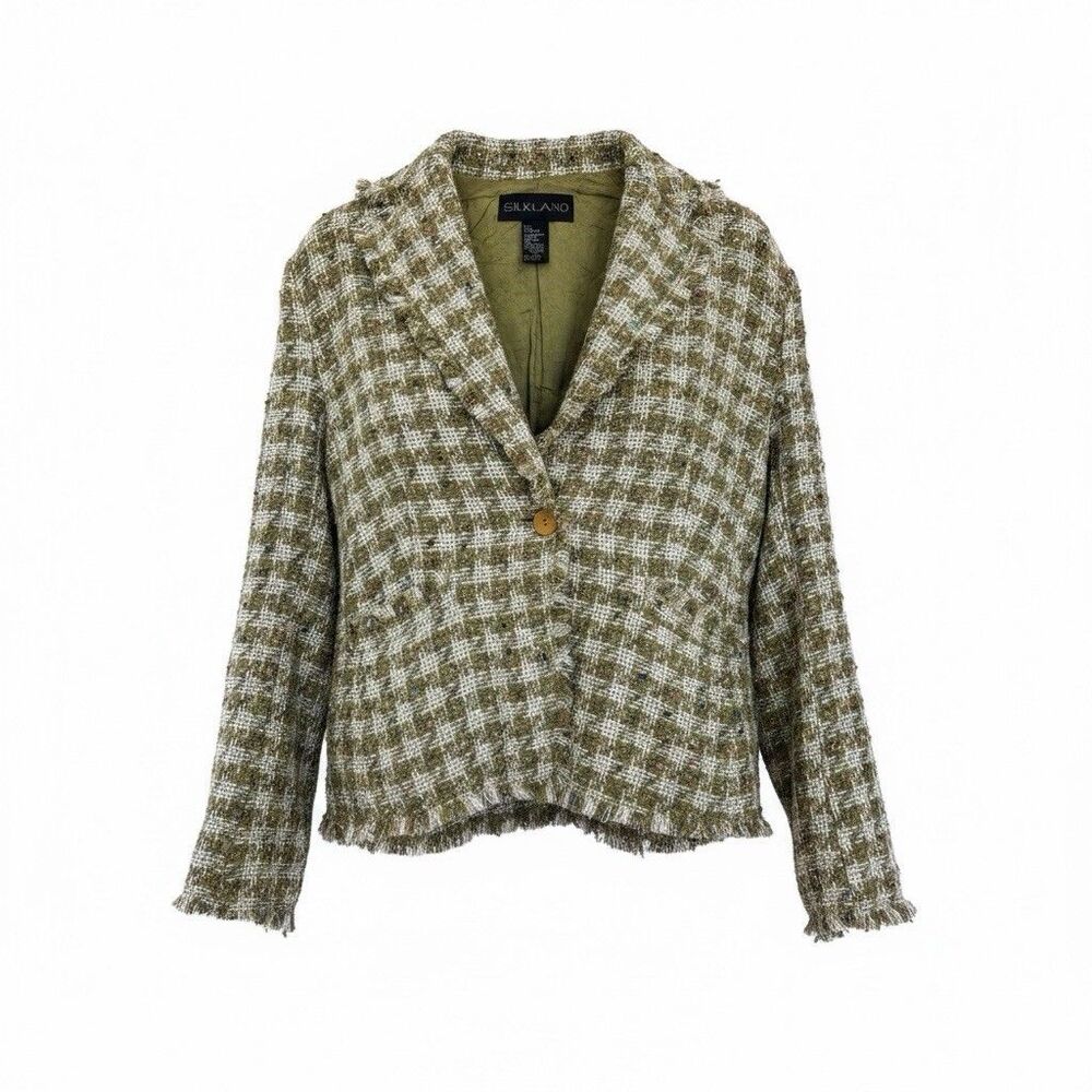 Vintage Women’s Silkland Blazer XL Green Plaid Tweed Old Money Preppy Fringe